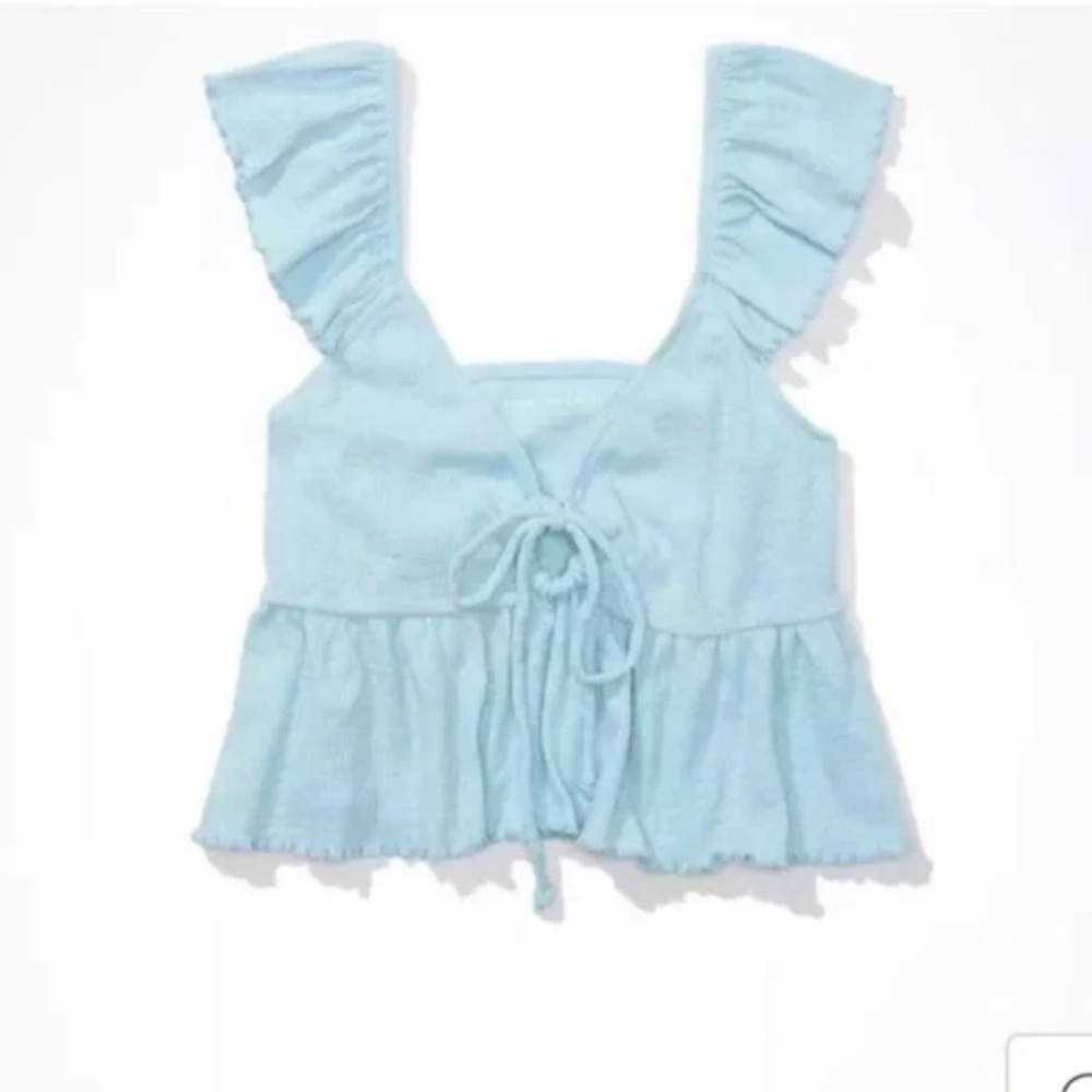 Women’s American Eagle Baby Blue Vneck Keyhole Cropped Ruffle Tank